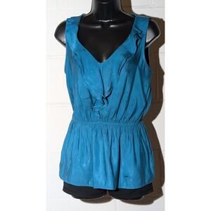 Express Ruffle V Neck Sleeveless Top Teal Blouse Cinched Elastic Waist Small